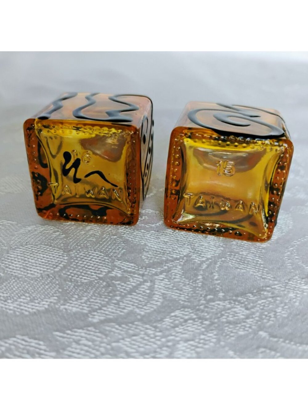 Vintage Topaz Glass Salt Pepper Shakers With Black Swirl Design & Silver Lids - Picture 3 of 8